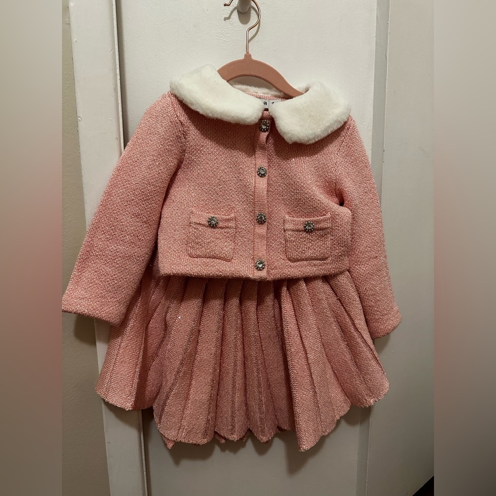 Girls’ Self-Portrait Pink Sequin Crystal Toddler Dress with Removable Fur Collar